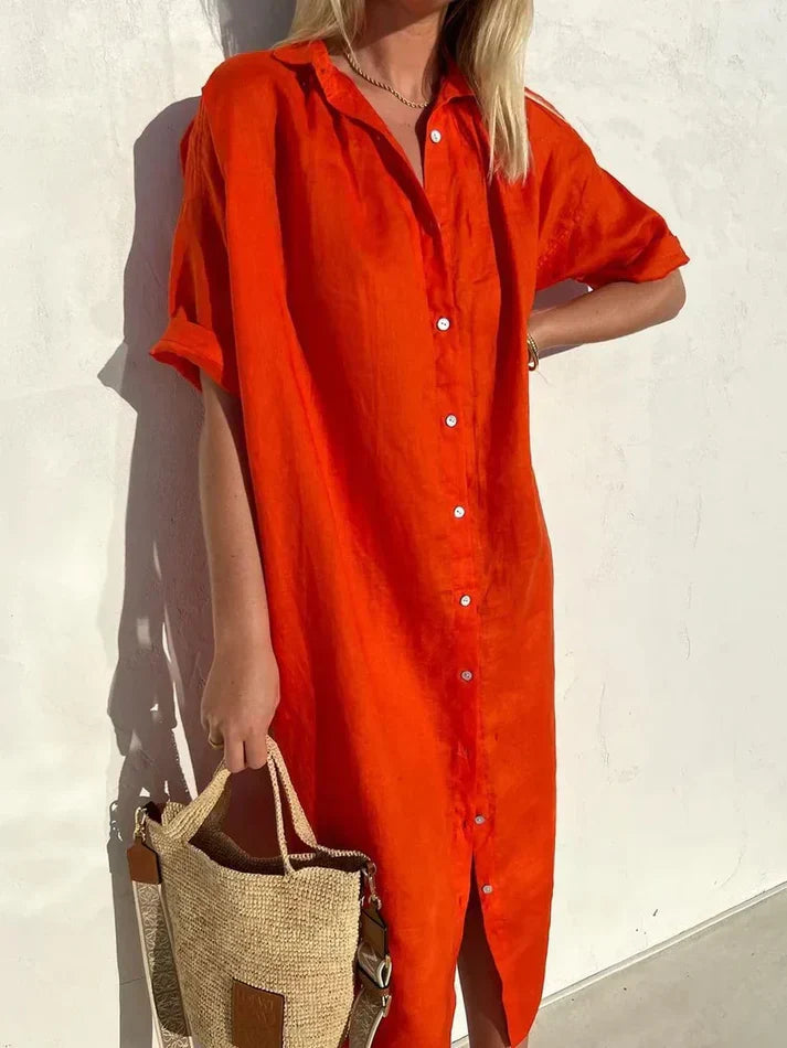 elegant, casual dress for women with wide sleeves and buttons dress made of cotton and linen