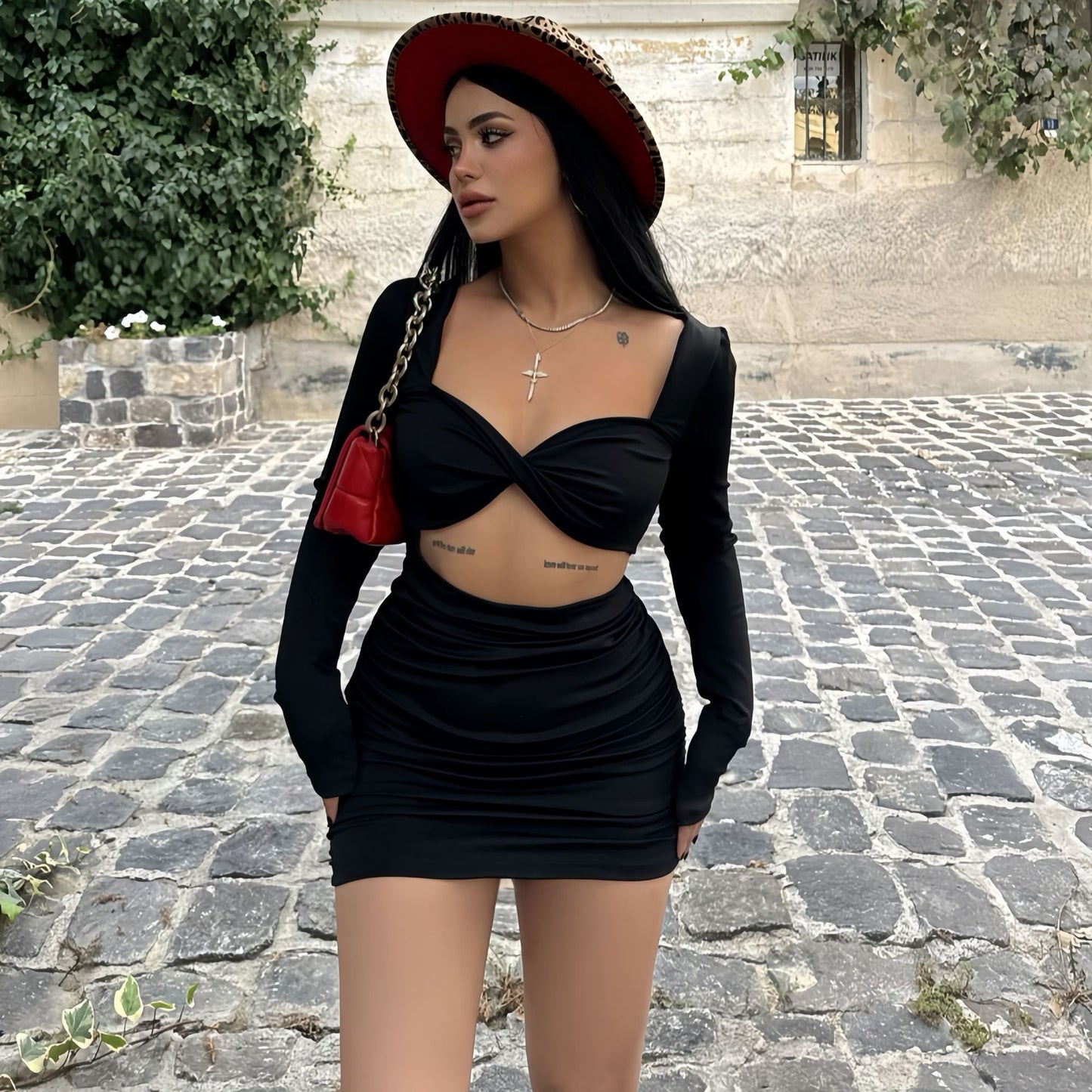 Women Figure-hugging Dress with Transparent Cut-Out and Elaborate Ruffle Details Ivyshape