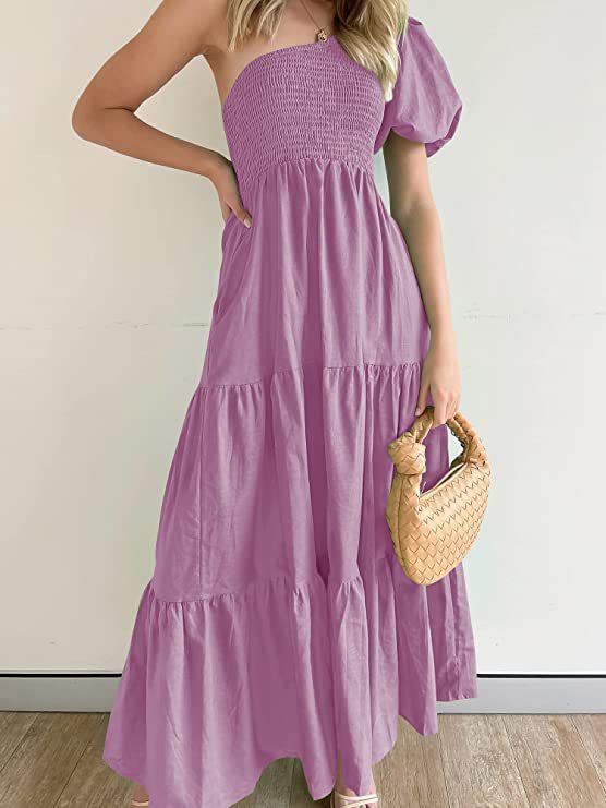 IvyShape | Romantic One-Shoulder Puff Sleeve Beach Dress