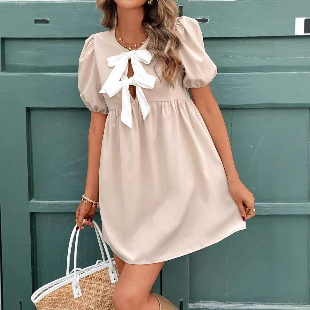 Ladies Summer Formal Dress with Bow Neckline and Puff Sleeves Ivyshape