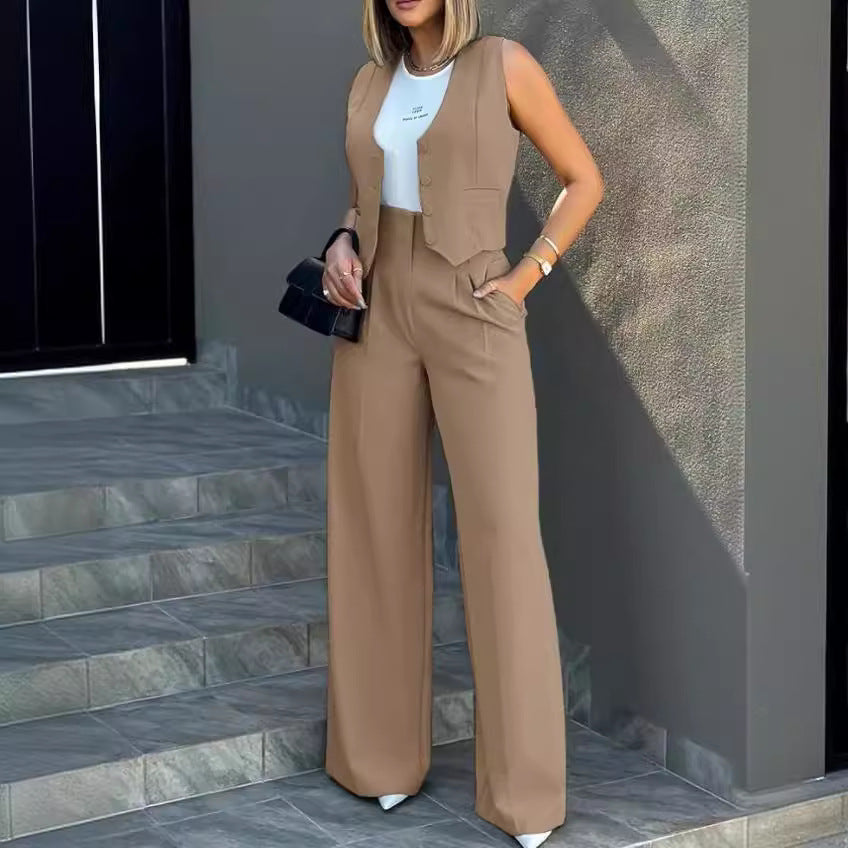 Women Elegant Two-Piece Set with Tailored Blazer and Wide Leg Pants Ivyshape