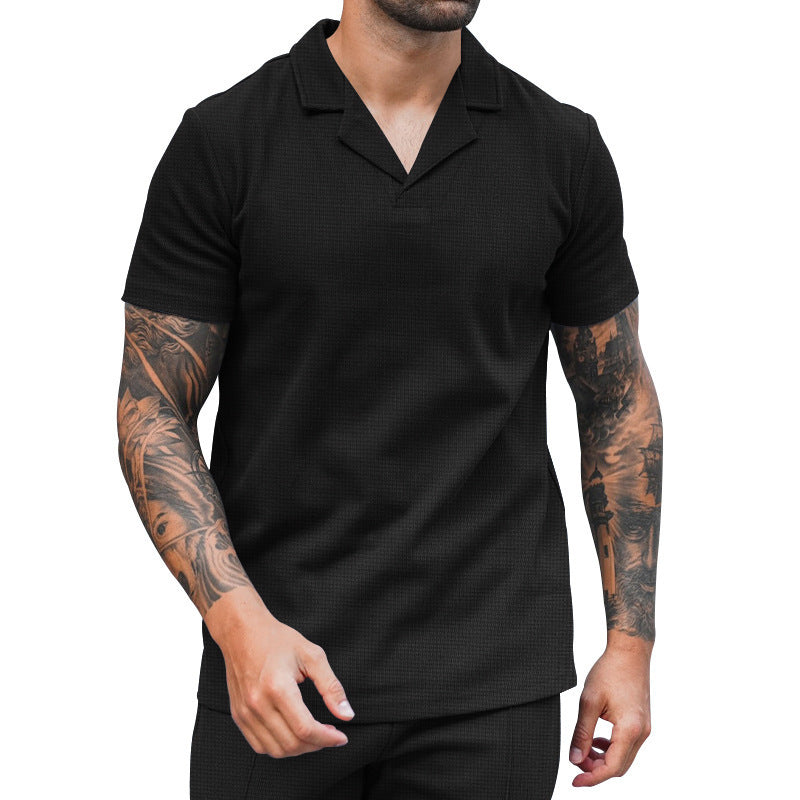 Men's short sleeve shirt with classic Henley neckline and textured surface Ivyshape