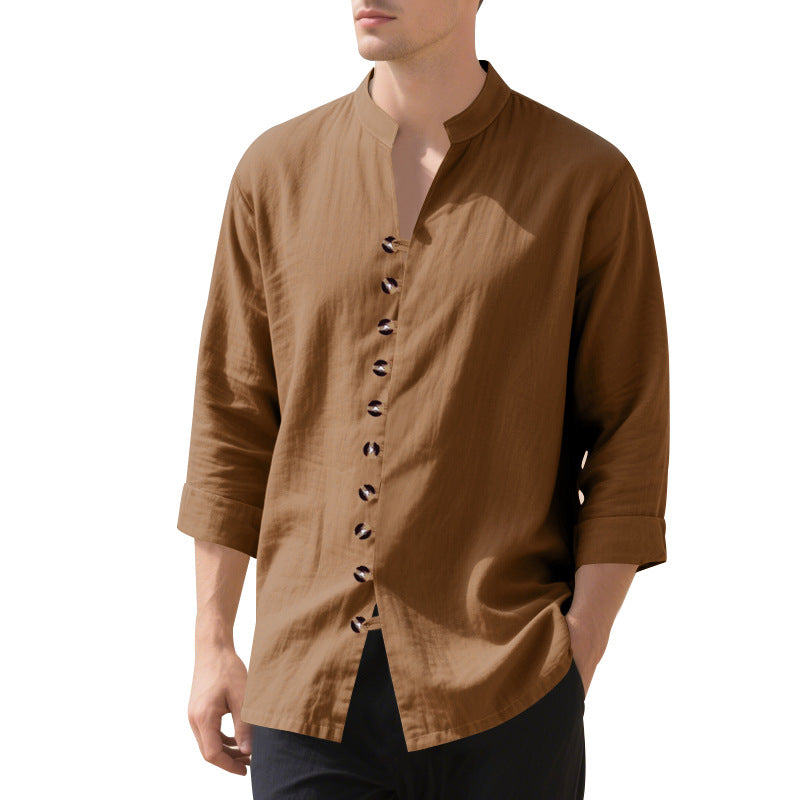 Men's stylish long-sleeve shirt with fashionable stand-up collar and unique button detail Ivyshape