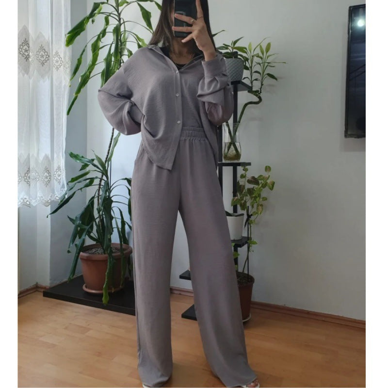 IvyShape | Solid Color Loose Top Wide Leg Pants Two-Piece Set