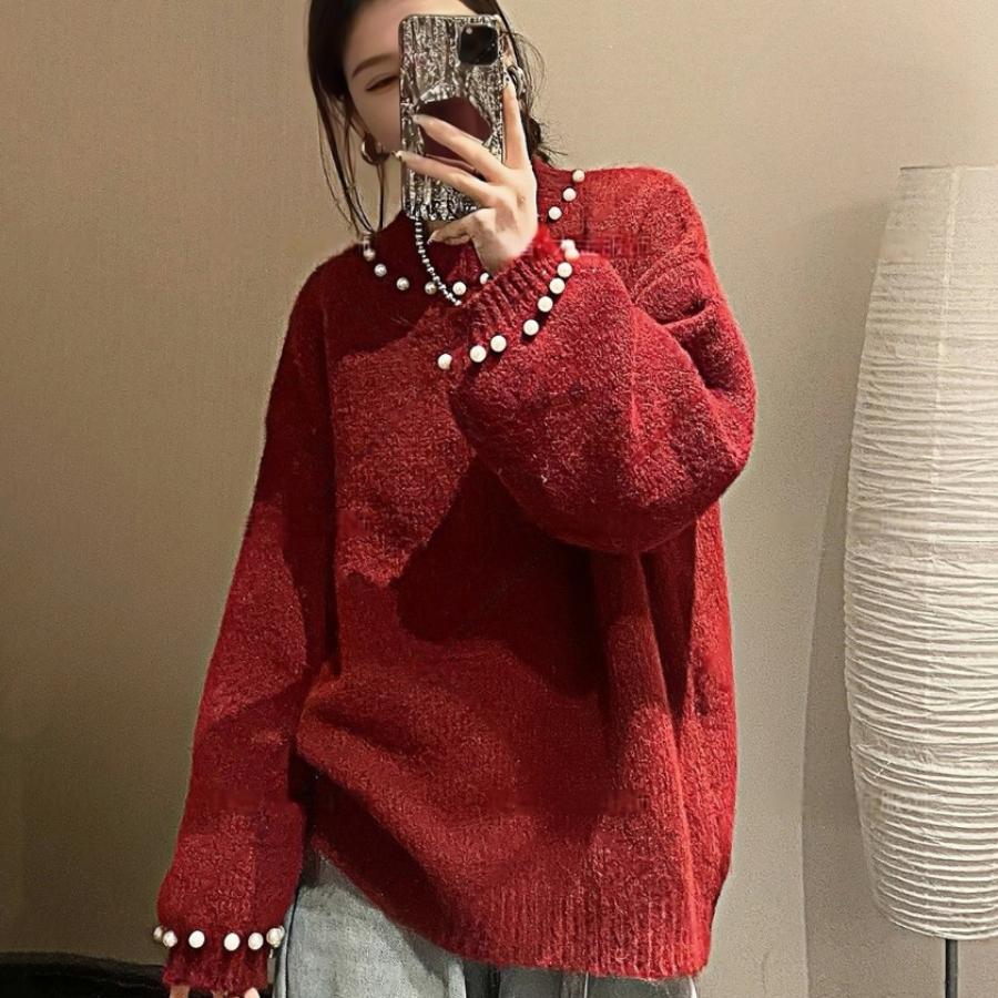 Women Elegant Sweater with Pearl Design and Casual Cut Ivyshape