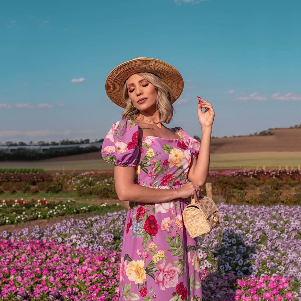 Women’s Floral Maxi Dress with Puff Sleeves and Shimmering Accents Ivyshape