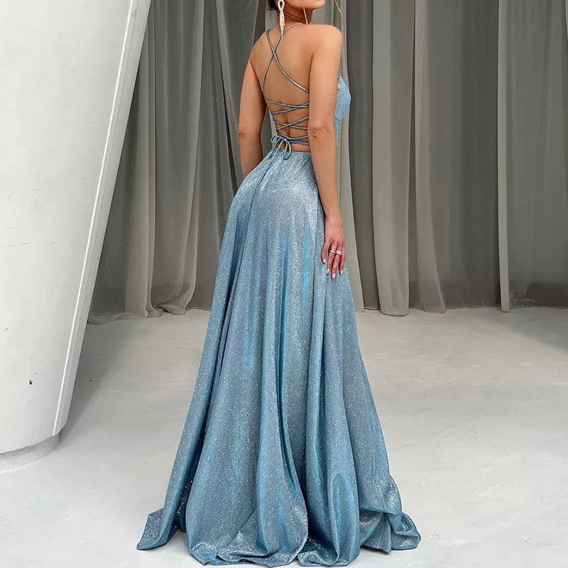 Ladies Glamorous Maxi Dress with Transparent Back Cutout and Delicate Glitter Details Ivyshape