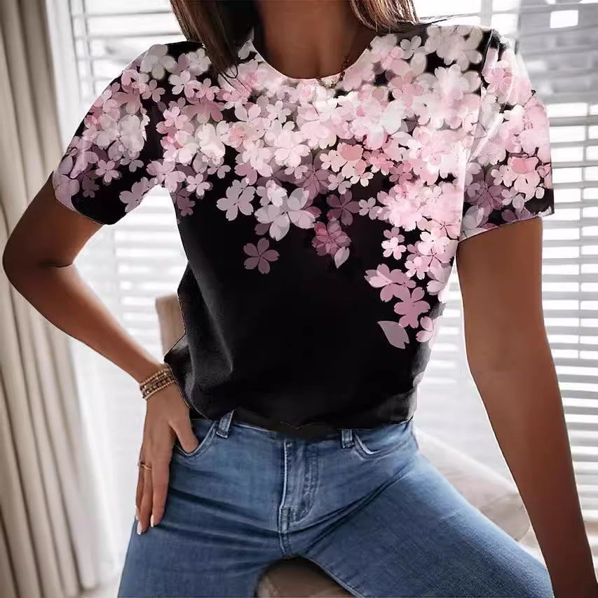 Women's Short Sleeve Shirt with Floral Design and Loose Fit Ivyshape