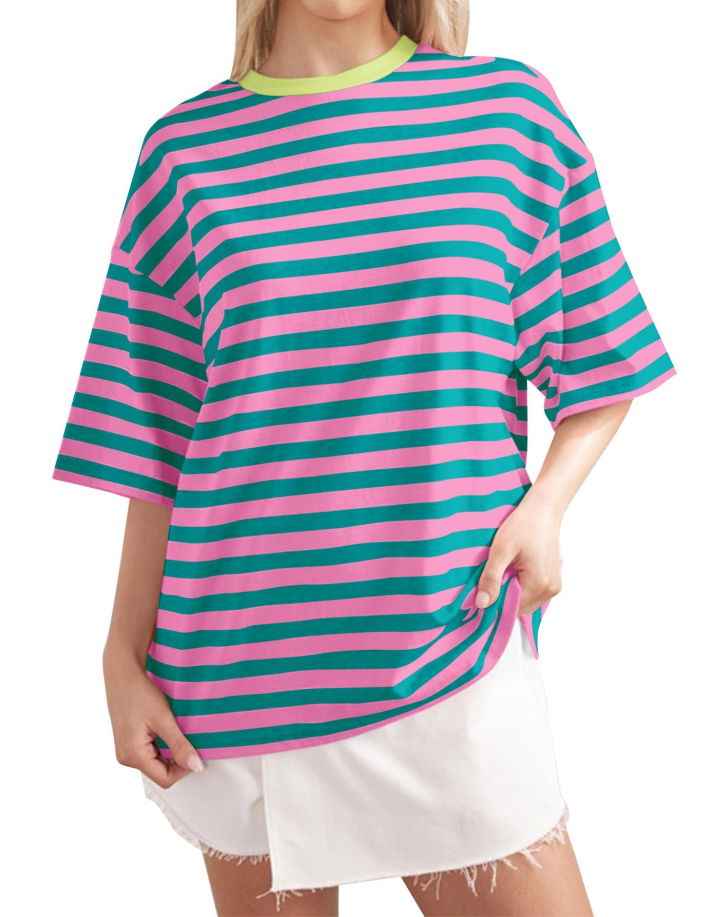 Women's Casual Oversized T-Shirt with Wide Stripes Ivyshape