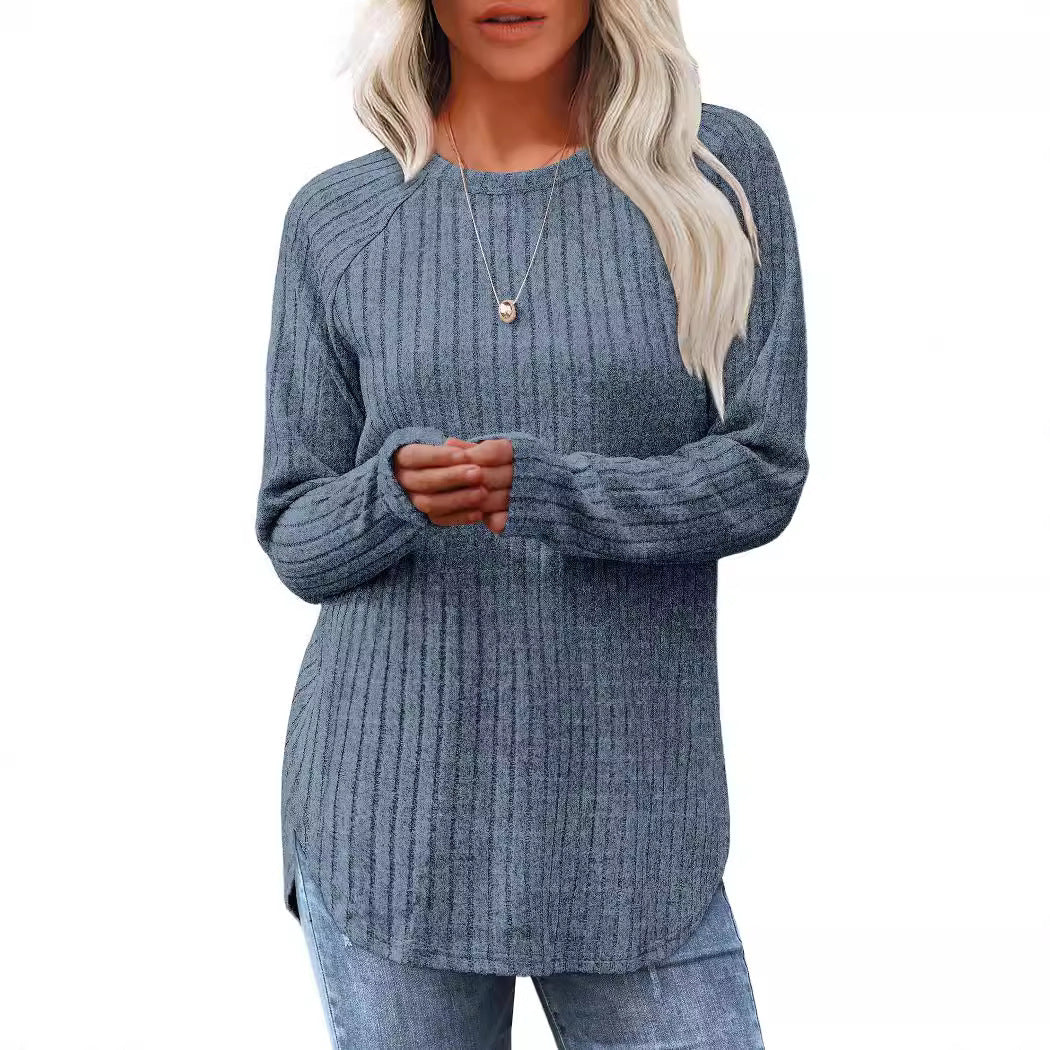Women casual long sleeve sweater with textured rib design Ivyshape