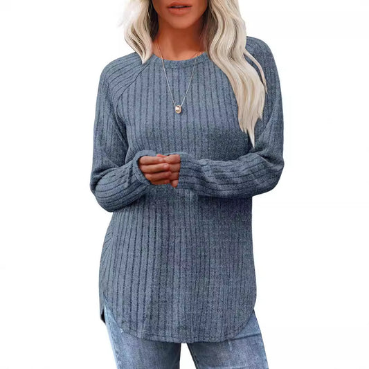 Women casual long sleeve sweater with textured rib design Ivyshape