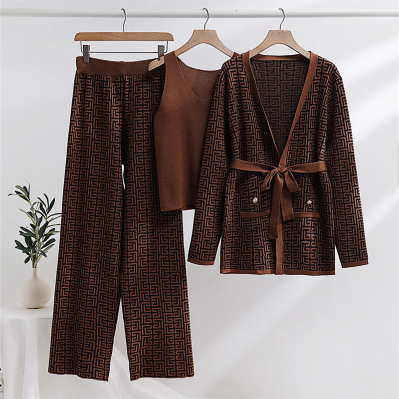 IvyShape | Jacquard Long Sleeve Coat and Pants Knit Set