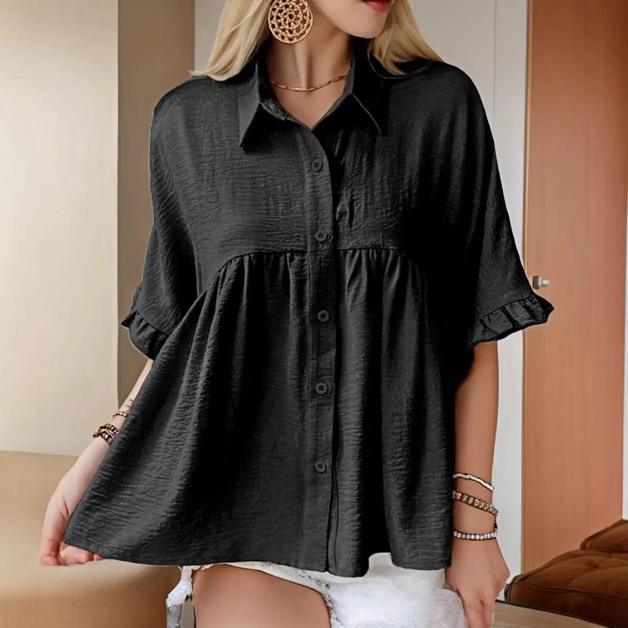 Women's Flowing Short Sleeve Blouse Shirt with Ruffle Details Ivyshape