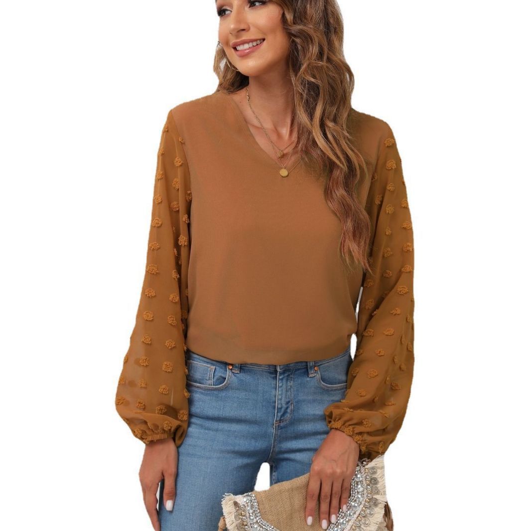 IvyShape | Chiffon Splicing Long Sleeve V-Neck Shirt Top