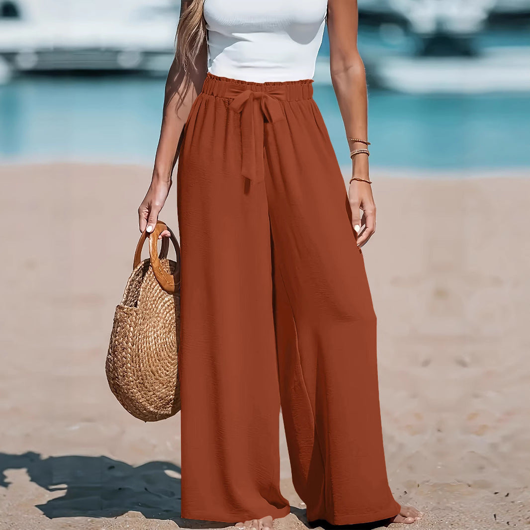 Women Wide Trousers with Adjustable Tie Belt Ivyshape