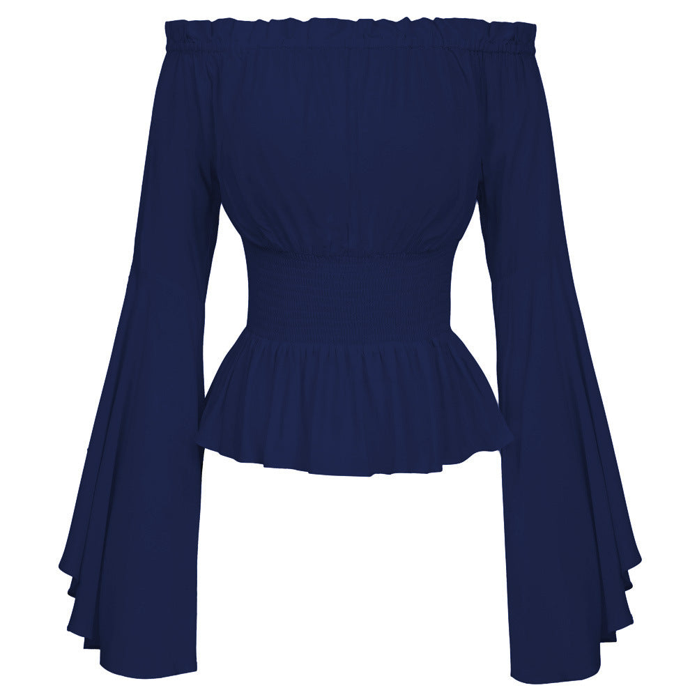 Women Off-Shoulder Top with Elegant Bell Sleeves and Elastic Waist Ivyshape