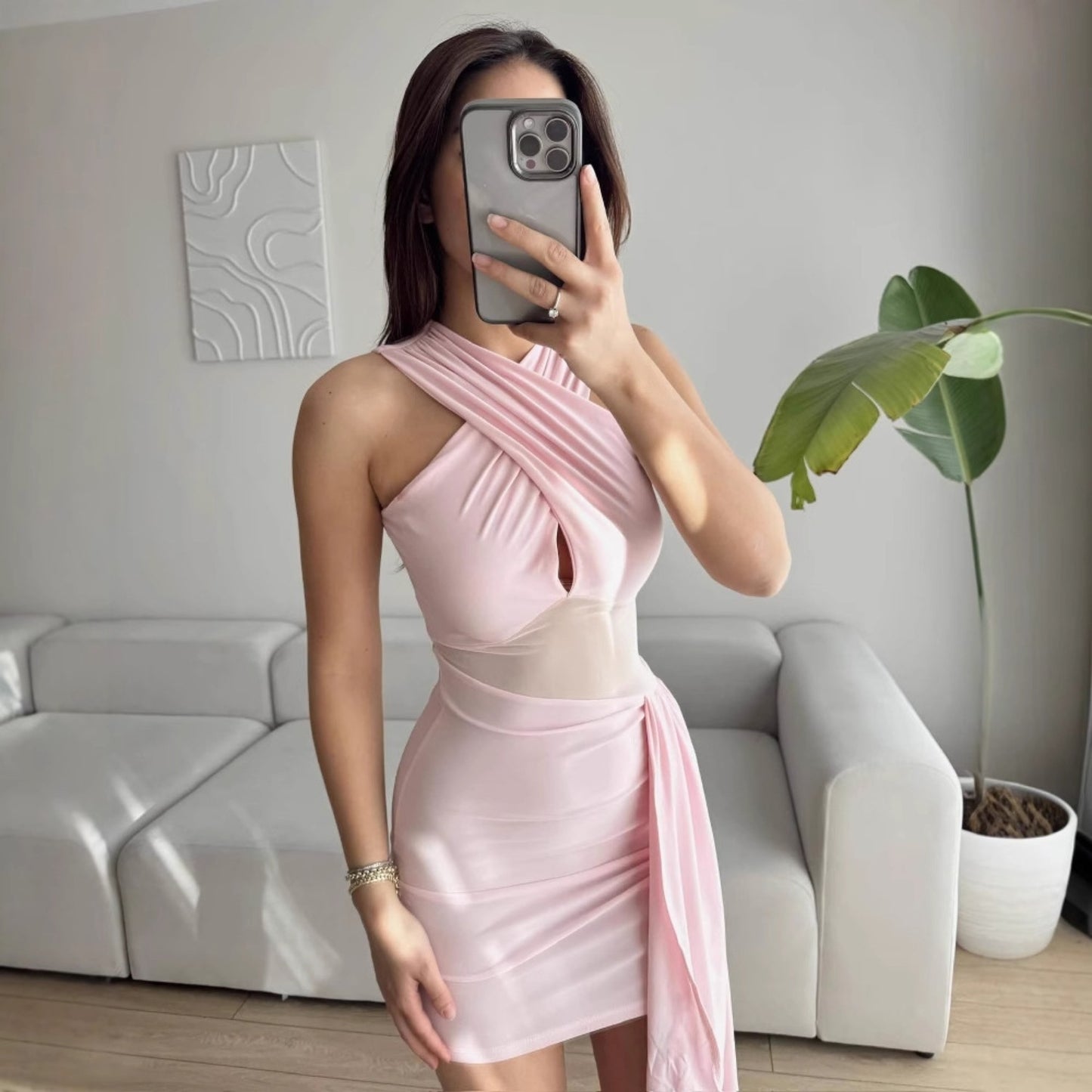 Women's fitted cocktail dress with asymmetric cut and transparent inserts Ivyshape