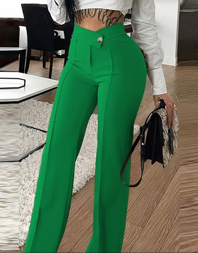 Women Elegant Wide Trousers with High-Waist Cut and Decorative Button Ivyshape