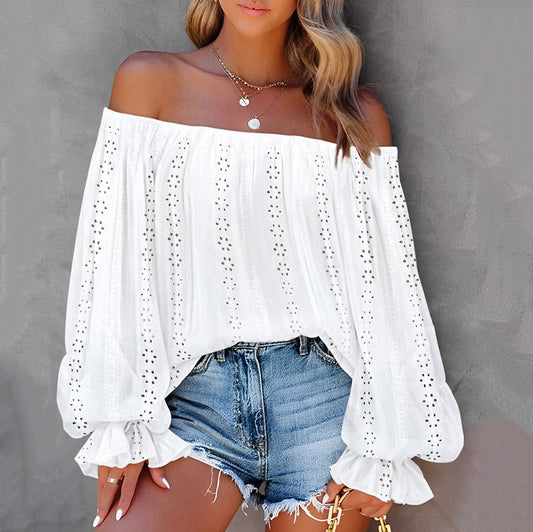 IvyShape | Unique Hollow Out One-Shoulder Lantern Sleeve Top