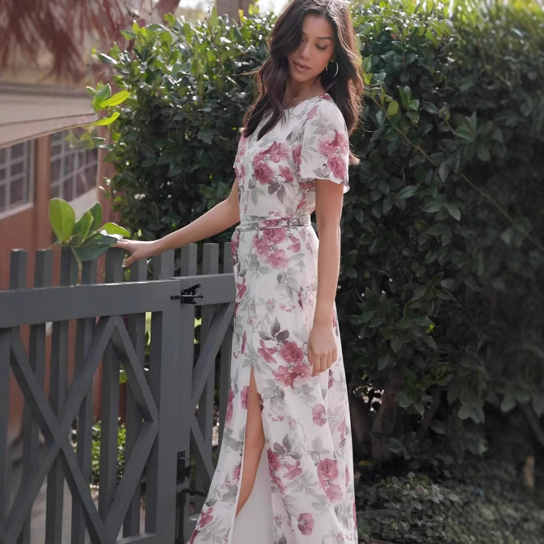 Women's floral maxi dress with deep slit and waistbelt Ivyshape