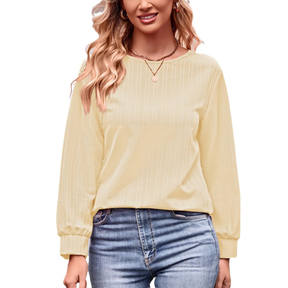 IvyShape | Solid Color Double Line Jacquard Long Sleeve Tee Top