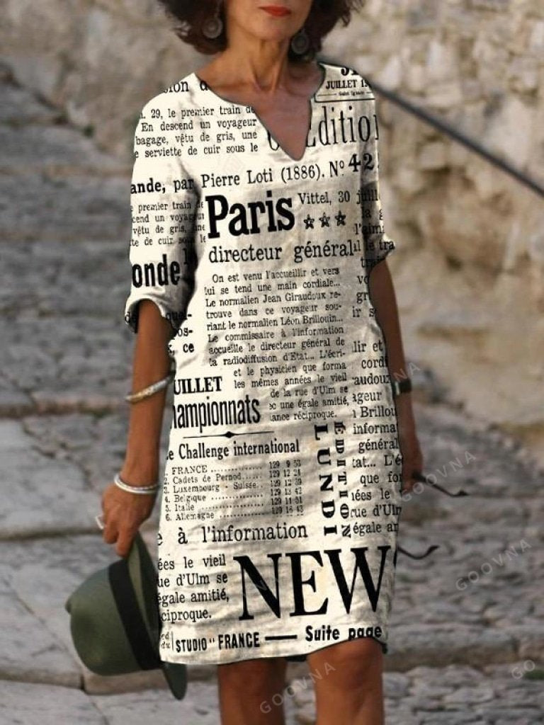 Women’s loose short-sleeve dress with newspaper print Ivyshape