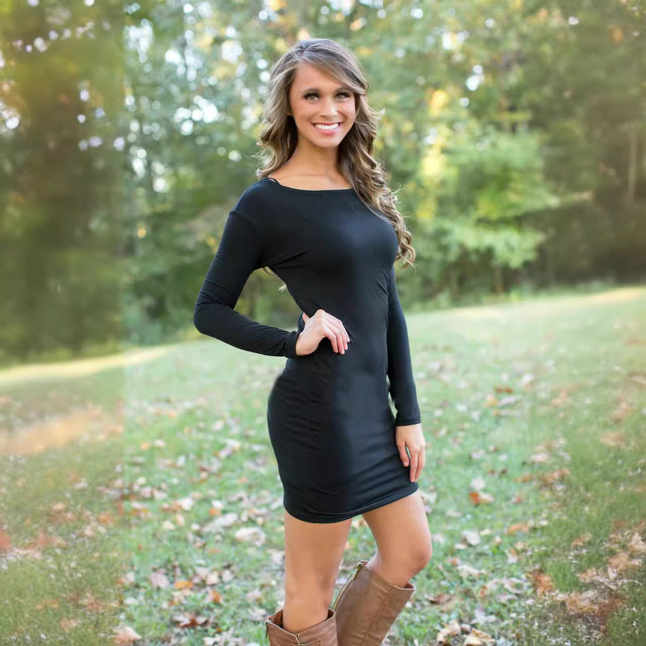 Women fitted long sleeve dress made of elastic material Ivyshape