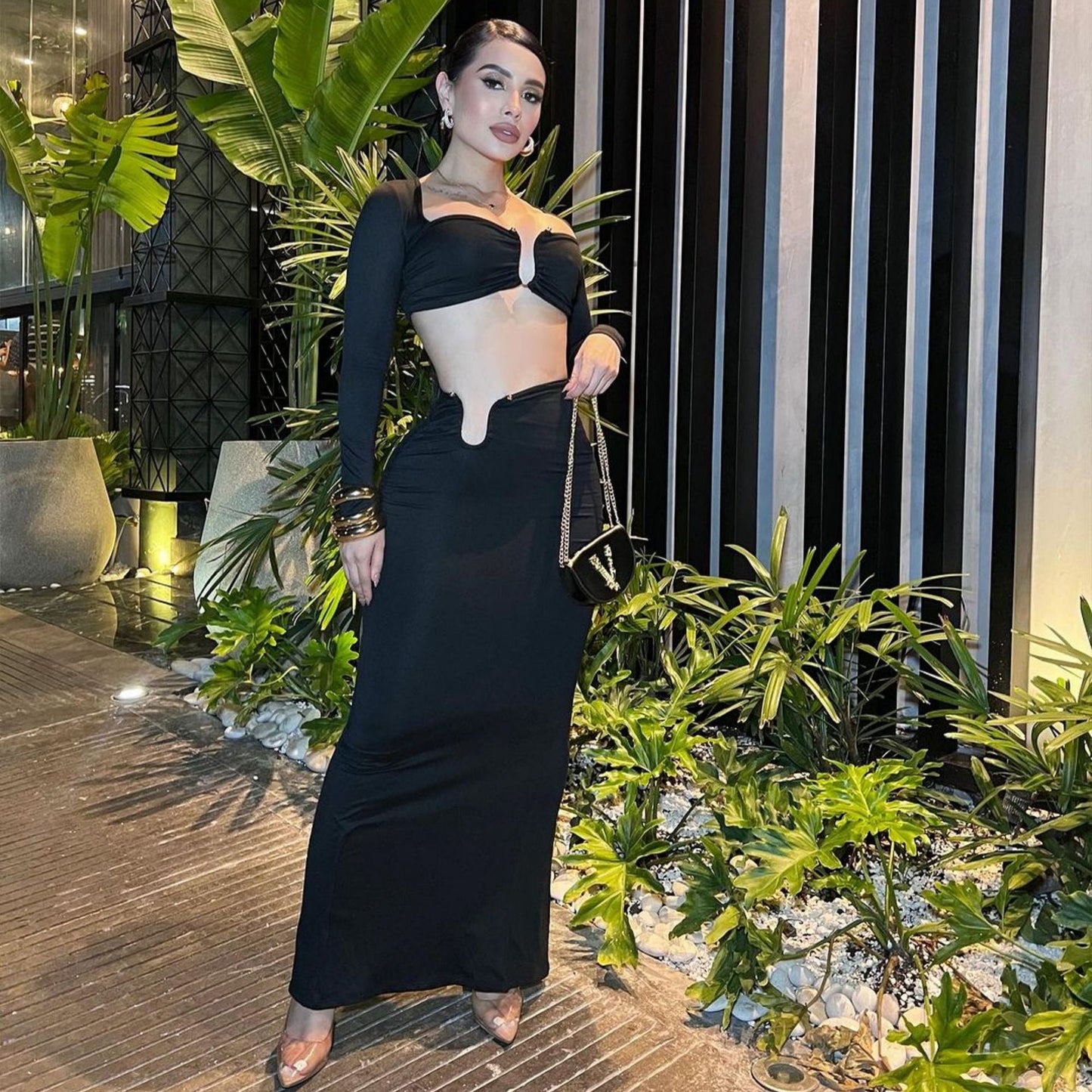 Women Elegant Two-Piece Set with Long-Sleeved Top and Figure-Hugging Maxi Skirt Ivyshape