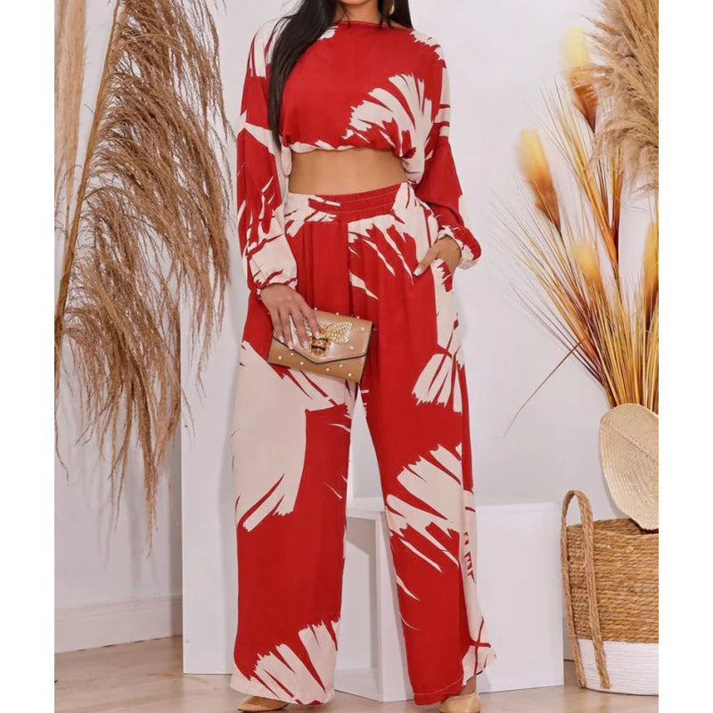 IvyShape | Round Neck Top High Waist Wide Leg Pants Set