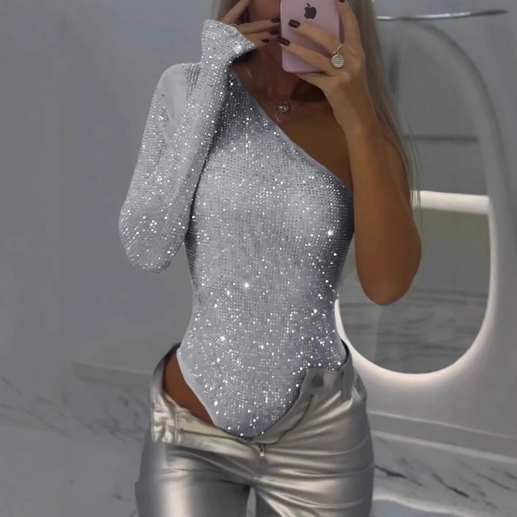 IvyShape | One-Shoulder Rhinestone Sequin Top