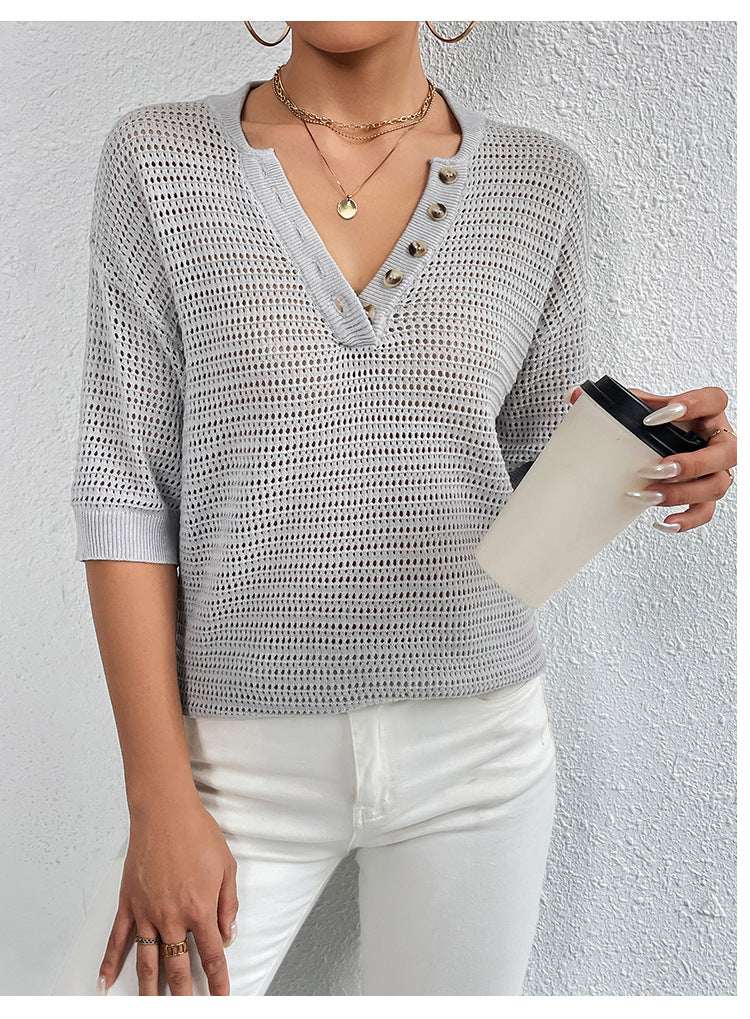 IvyShape | V-Neck Open Knit Sweater