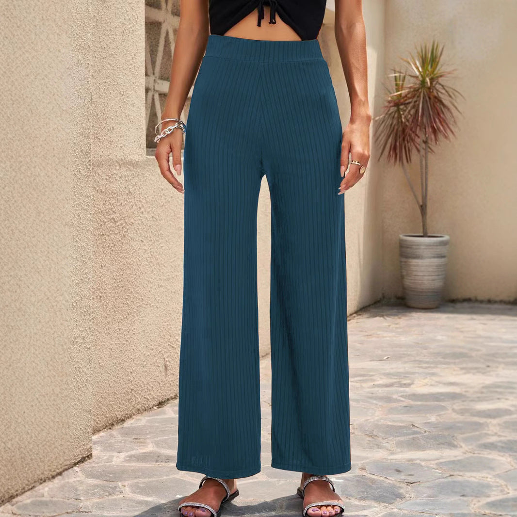 Ladies wide, striped pleated trousers with high waistband and elastic waistband Ivyshape
