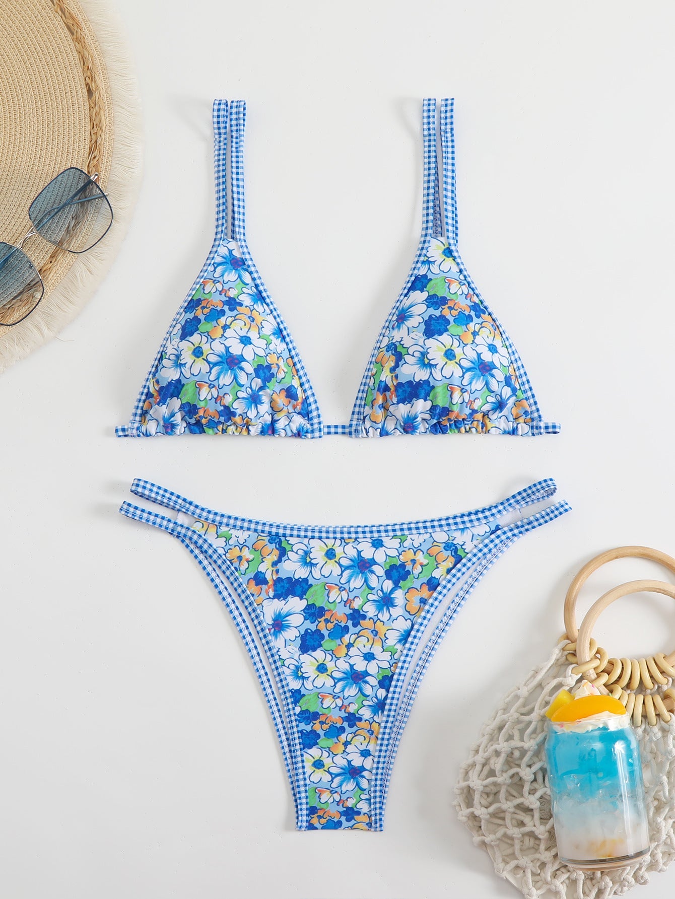 Women's triangle bikini set with floral pattern and adjustable straps Ivyshape