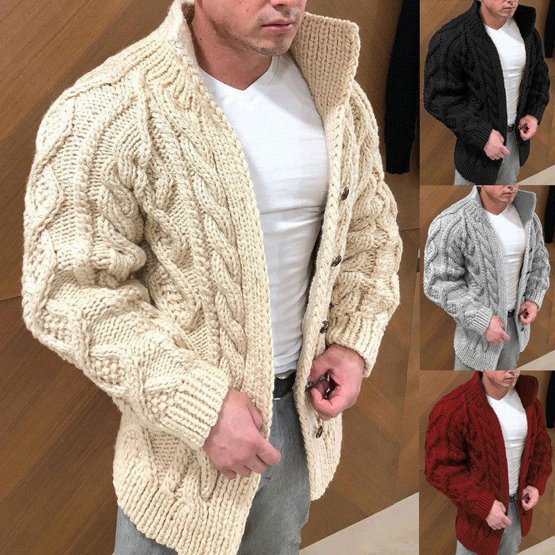 Men's chunky knit cardigan with classic stand-up collar and button closure Ivyshape