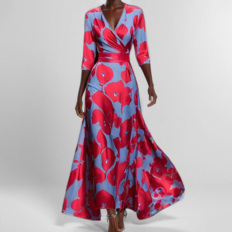 IvyShape | Elegant V-Neck Printed Tie Waist Flared Maxi Dress