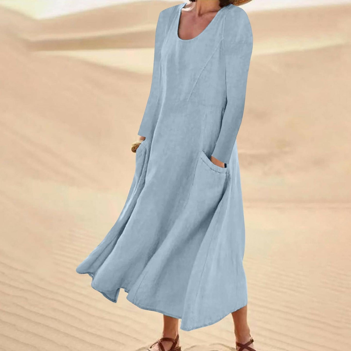 Ivyshape | Solid Color Dress with Long Sleeves and Round Neckline