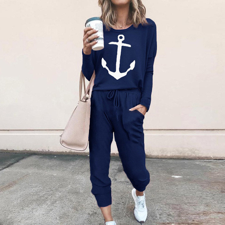 Women’s casual jumpsuit with maritime anchor print and practical pockets Ivyshape