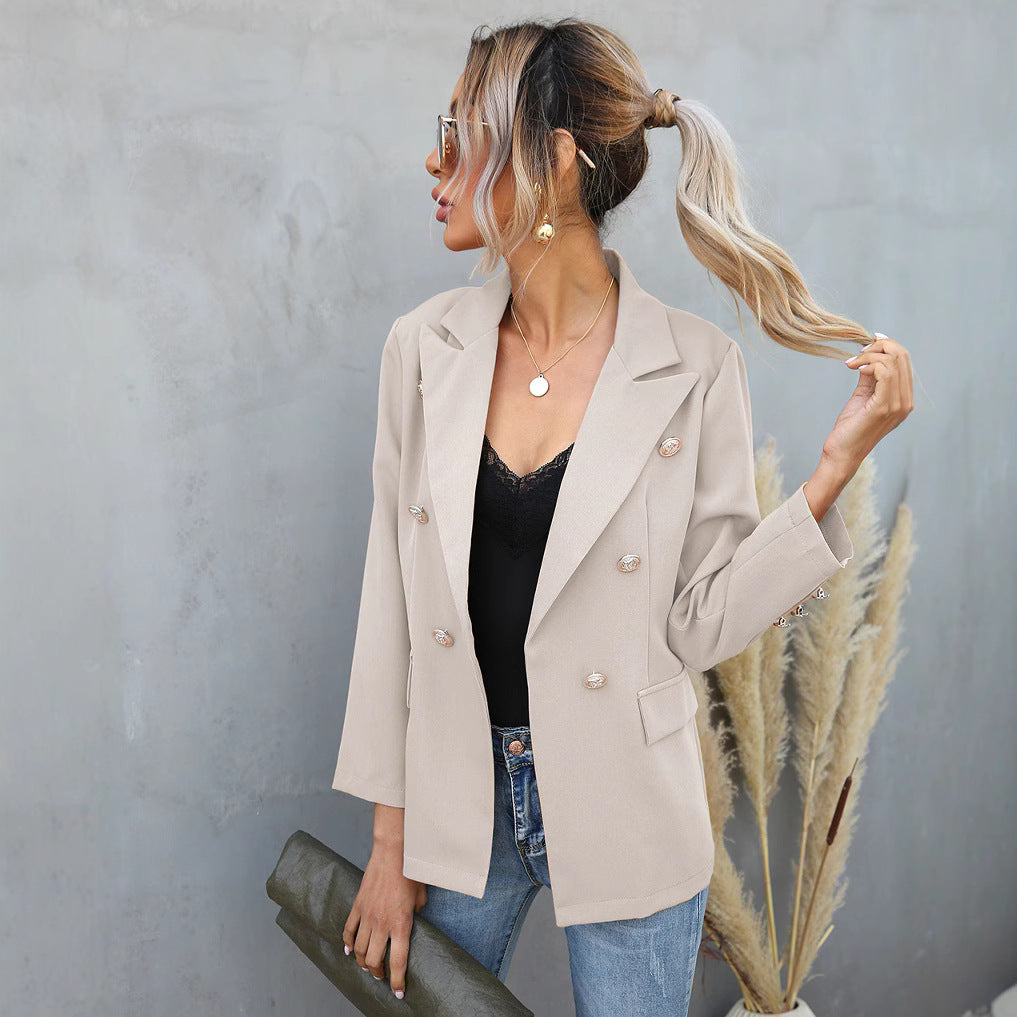 Women Fashion Blazer Jacket with Double Button Placket and Elegant Details Ivyshape