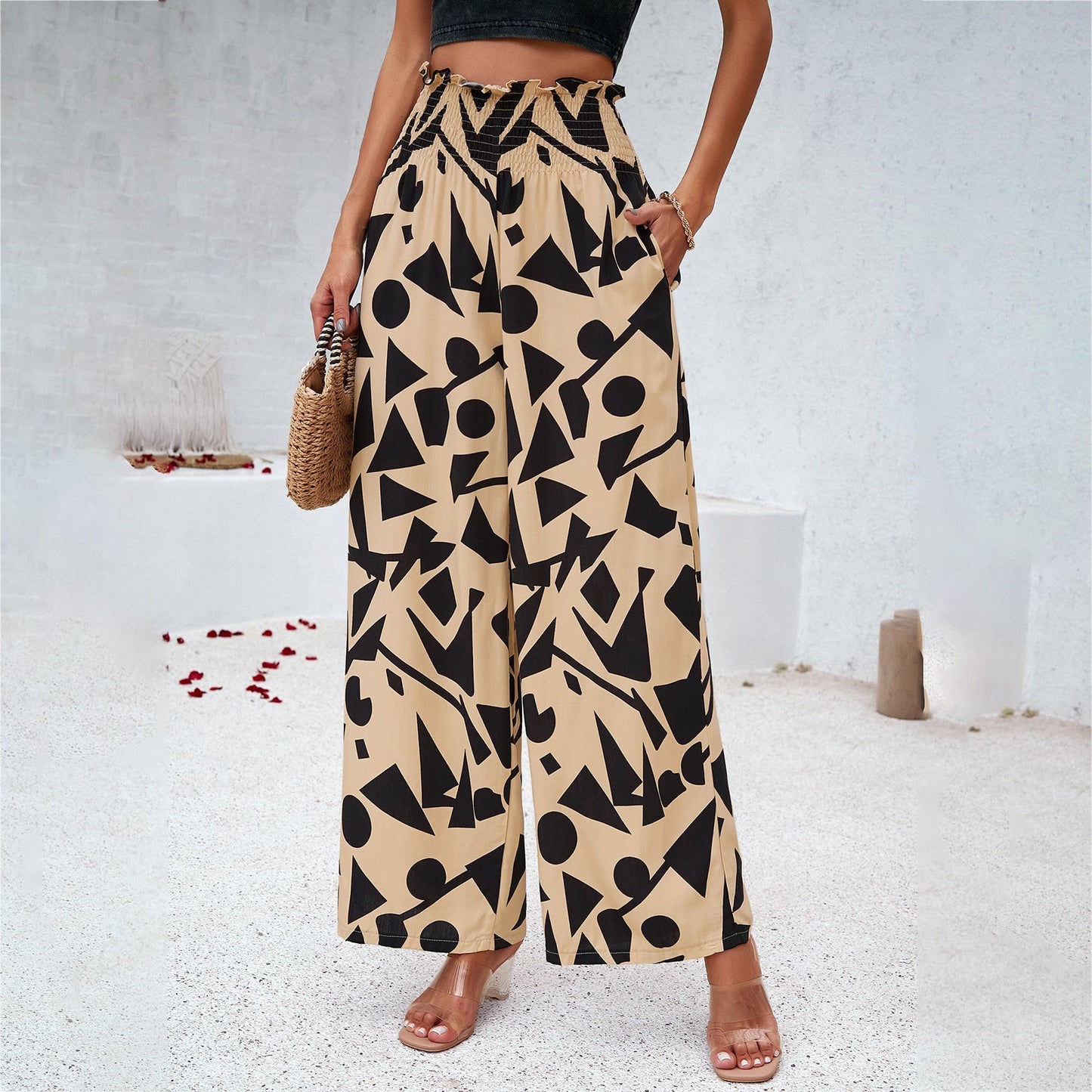 IvyShape | Elegant Cotton Printed Loose Wide-Leg Pants