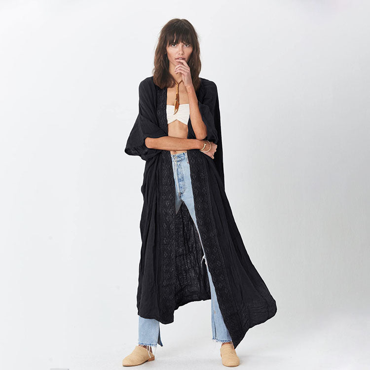 Women's long, airy wrap robe with fine lace appliqués Ivyshape