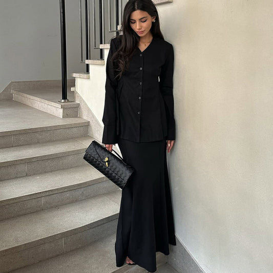 Women Elegant Two-Piece Suit Set with Swing Top and Floor-Length Skirt Ivyshape