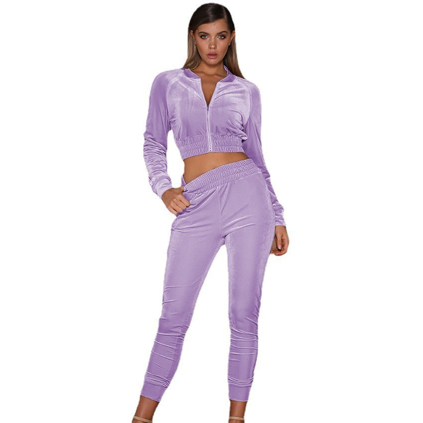 Ladies Velour Loungewear Set with high-collar jacket and elastic waistband Ivyshape