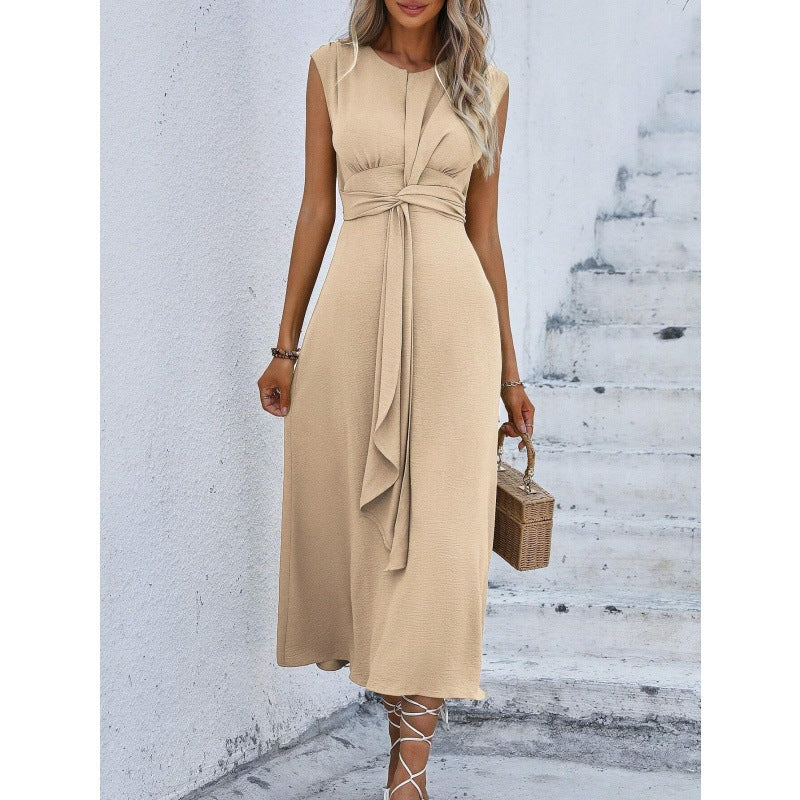 IvyShape | Waist-Tightening Strap Solid Sleeveless Long Dress