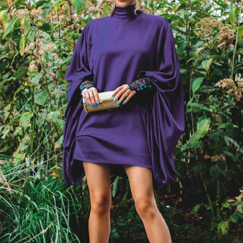 Ladies fashionable plus size mini dress with voluminous sleeves and elegant stand-up collar Ivyshape