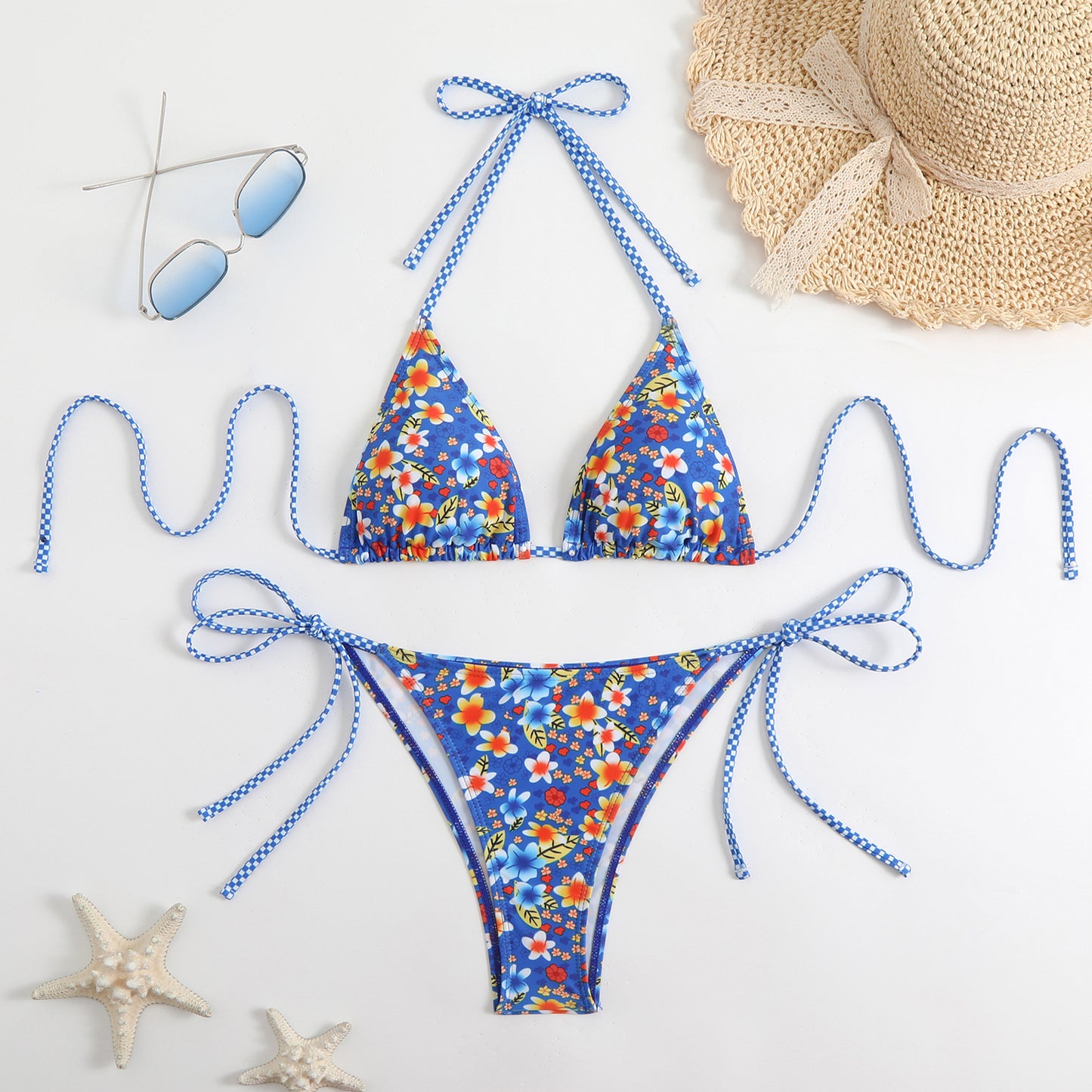 Ladies triangle bikini with floral pattern and playful ruffles Ivyshape