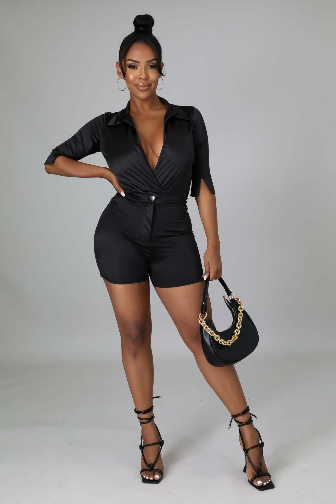 Ladies Satin Long Sleeve Playsuit Ivyshape