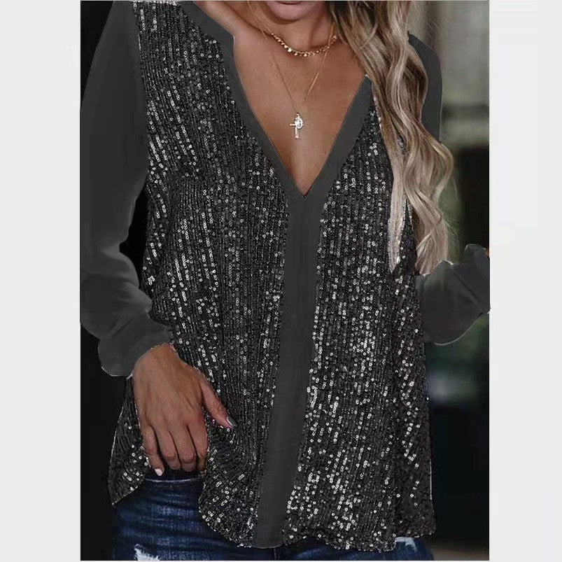 Ladies' fashionable, glamorous top with V-neck and glitter details Ivyshape