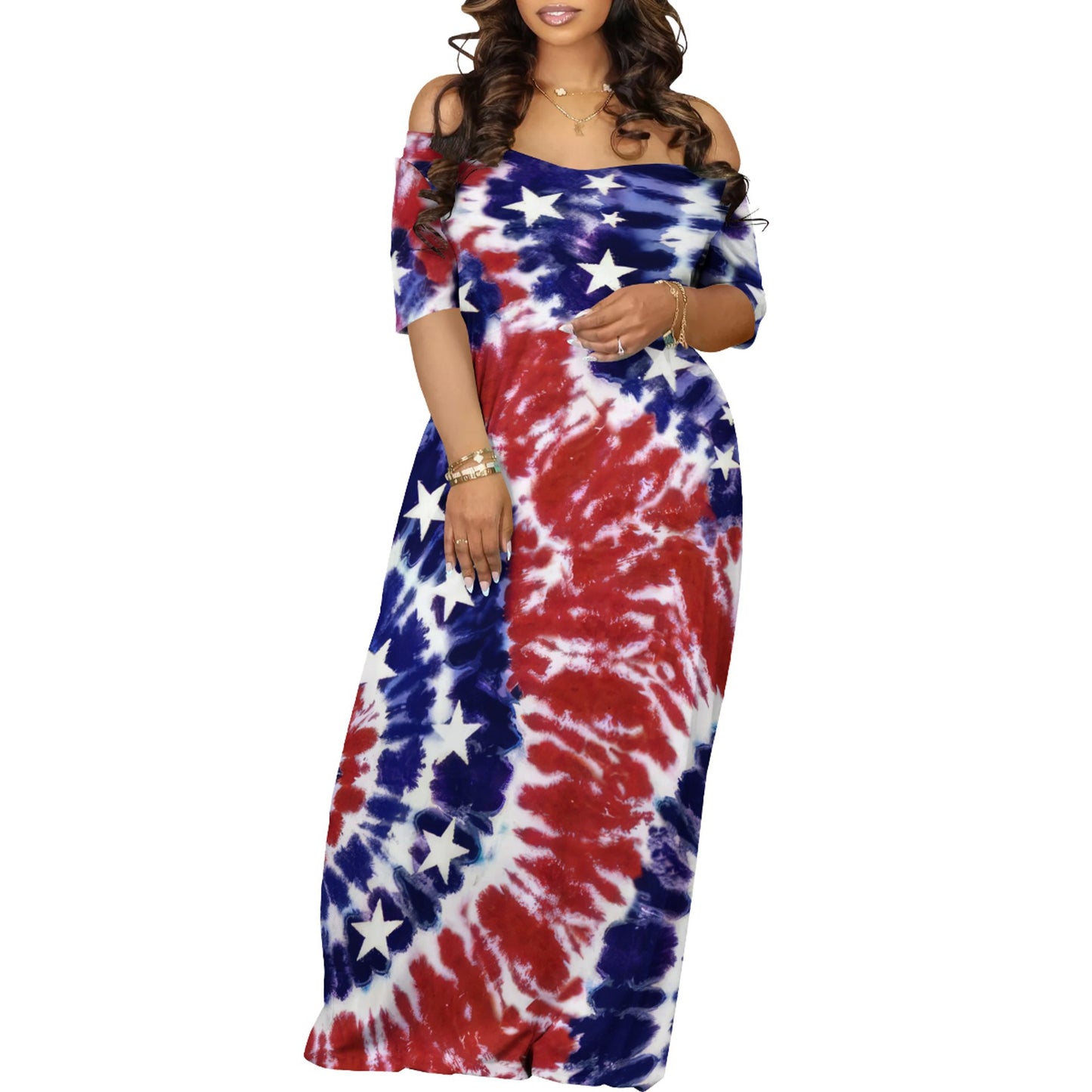 Women's Off-Shoulder Maxi Dress in Creative Graphic Design and Comfortable Fit Ivyshape