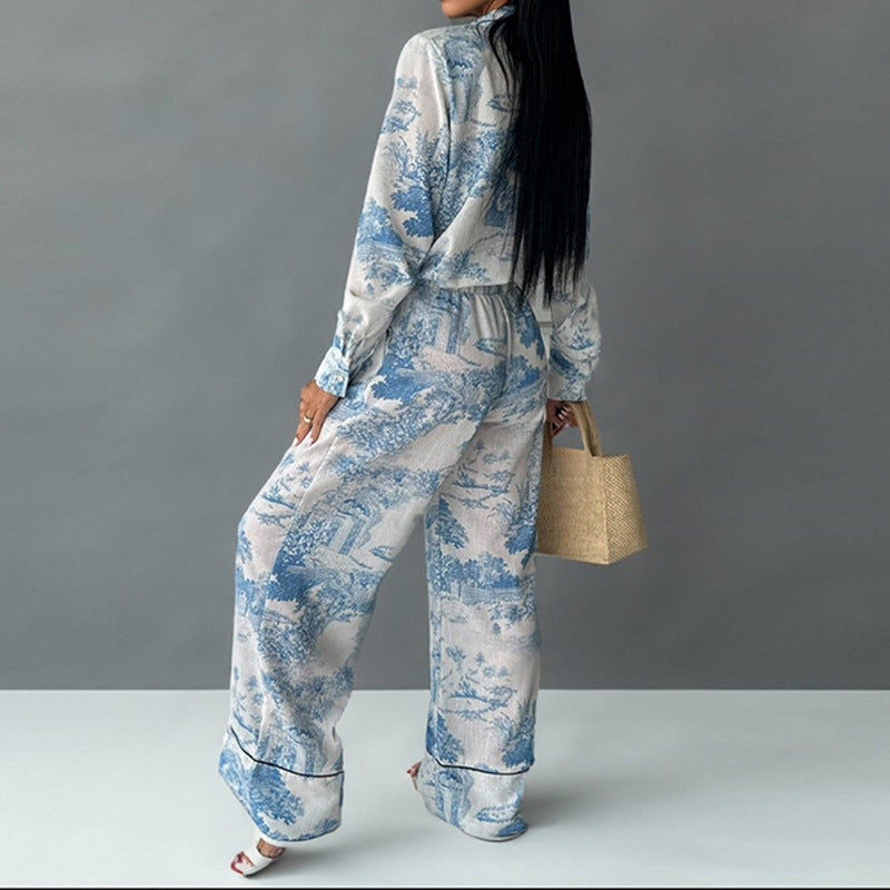 IvyShape | Printed Tie Shirt and Long Pants Fashion Set