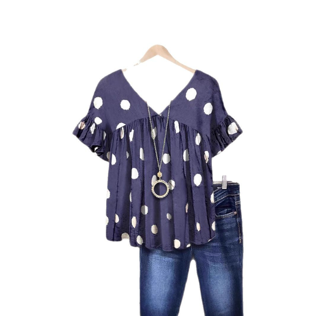 Women flowing polka dot shirt with V-neck and ruffle details Ivyshape